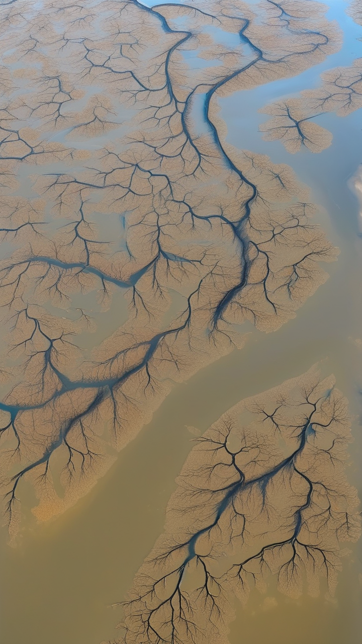 An aerial view of a river delta creating fractal tree patterns