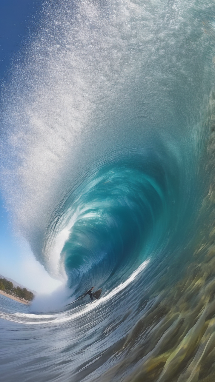 A breaking ocean wave captured with a drone underwater camera