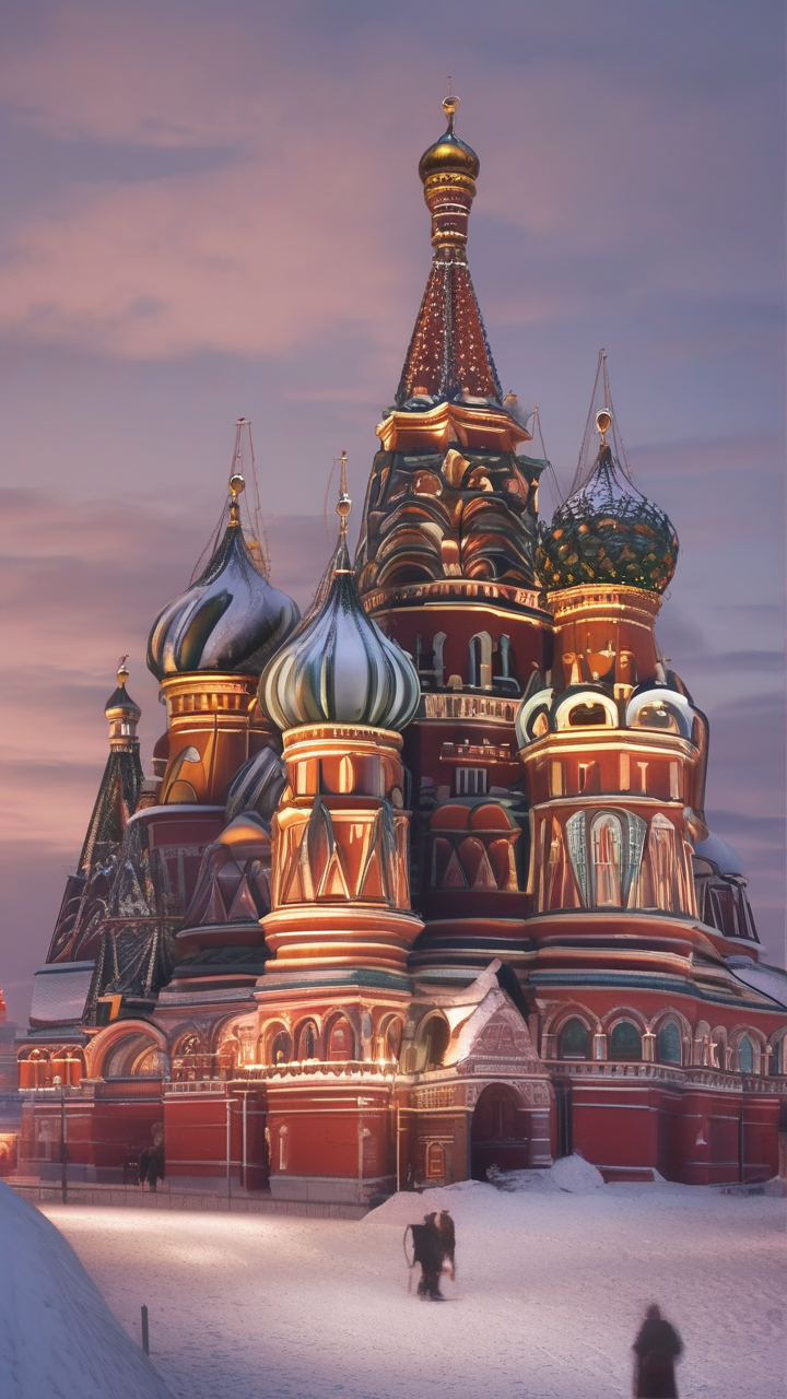 A photorealistic view of Moscow Red Square at night in winter