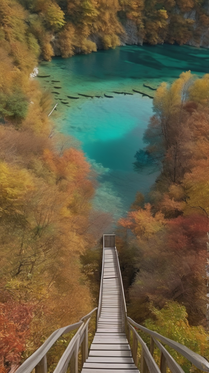 A hyperrealistic view of the Plitvice Lakes in Croatia in autumn