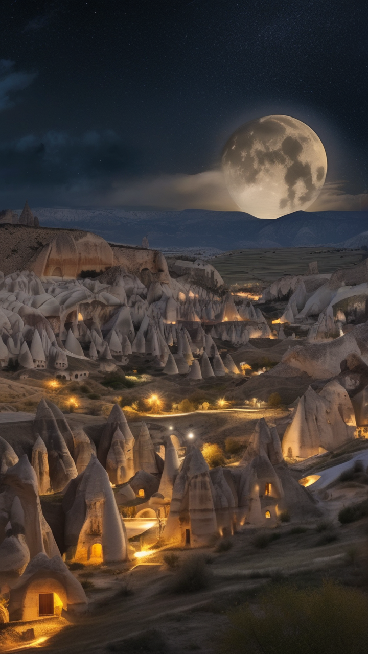 The hoodoos of Cappadocia illuminated by a rising full moon