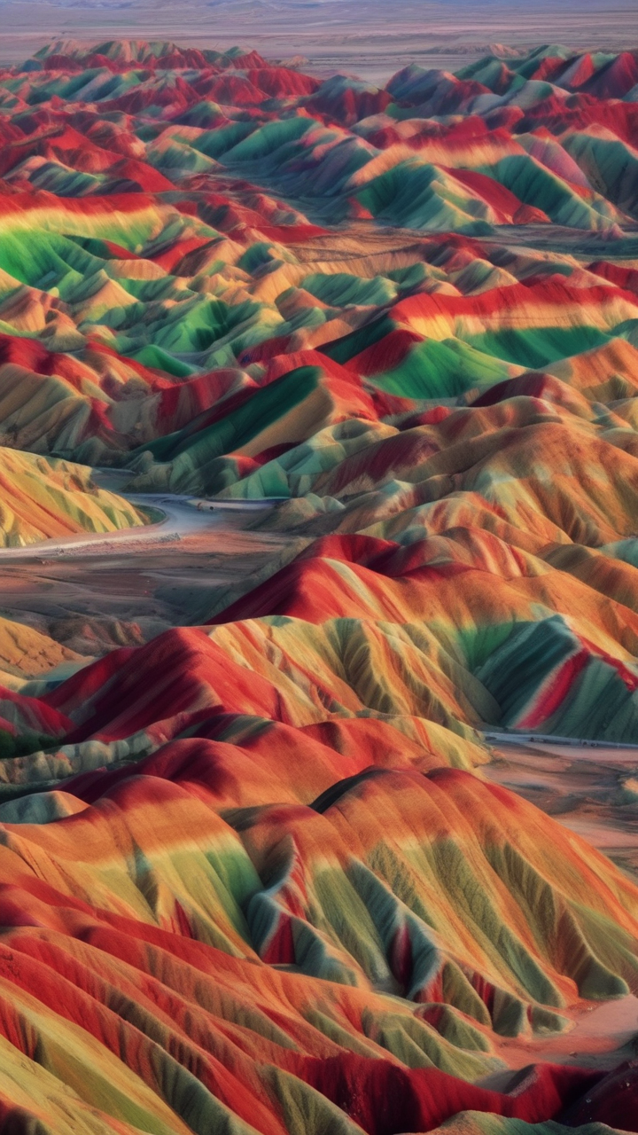 The painted mountains of Zhangye in China lit by the setting sun