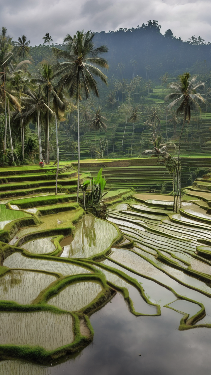 The Tegallalang Rice Terraces in Bali reflected in flooded paddies