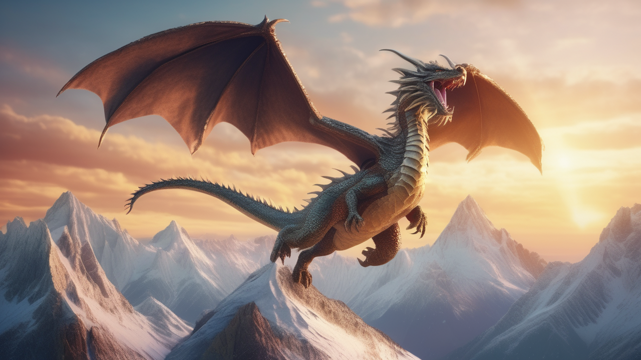A majestic dragon soaring over a crystal mountain range at golden hour