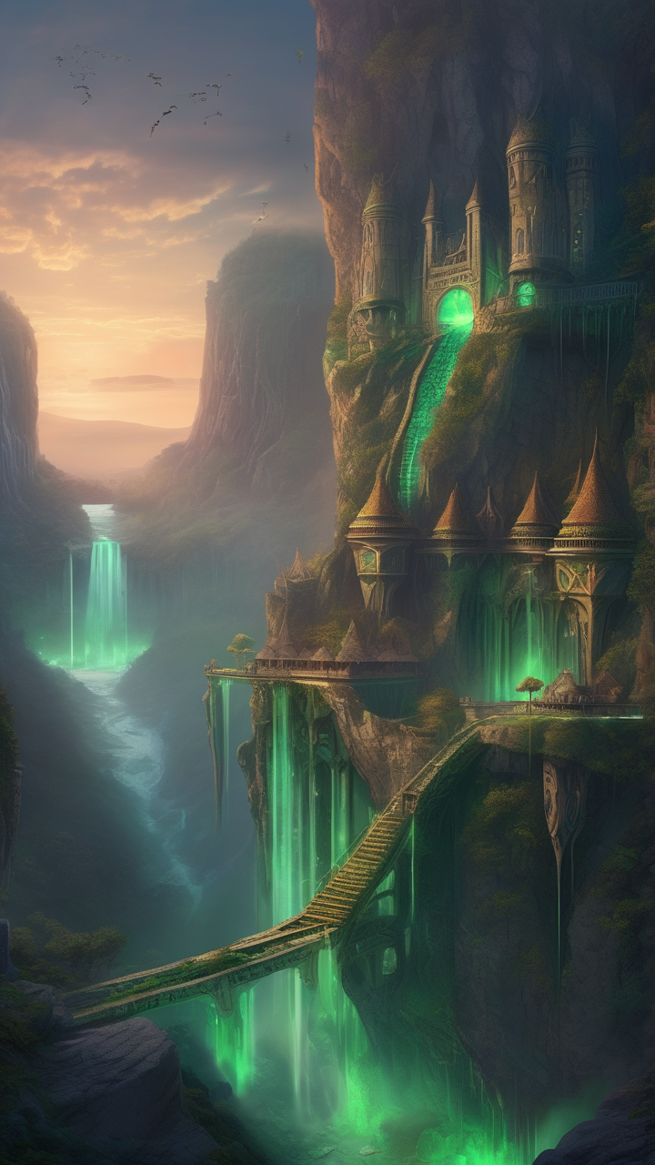 Ancient elven city carved into a glowing emerald cliffside