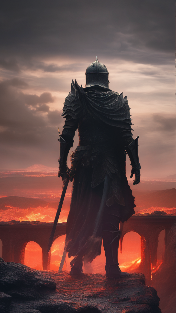A lone knight standing on a ruined bridge over a glowing lava chasm