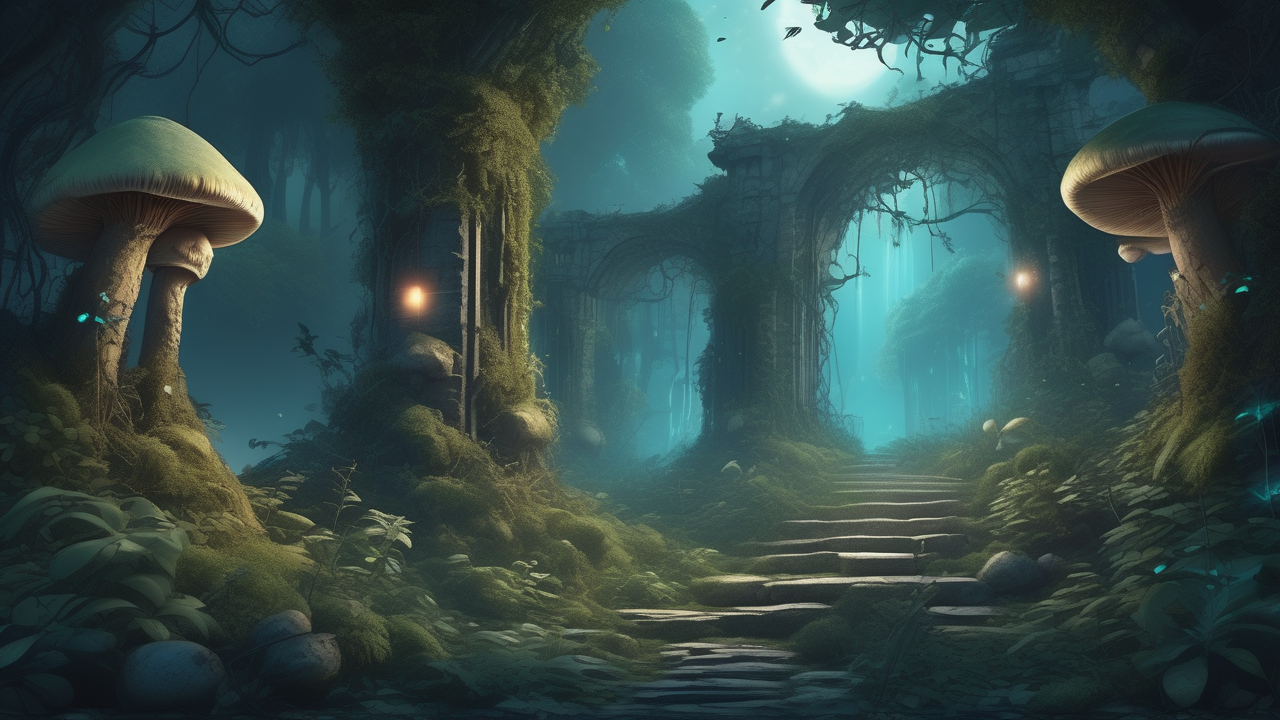 Enchanted forest with bioluminescent mushrooms