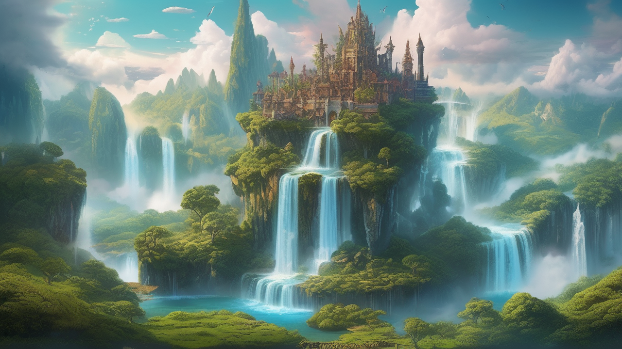 A floating sky island with waterfalls pouring into clouds