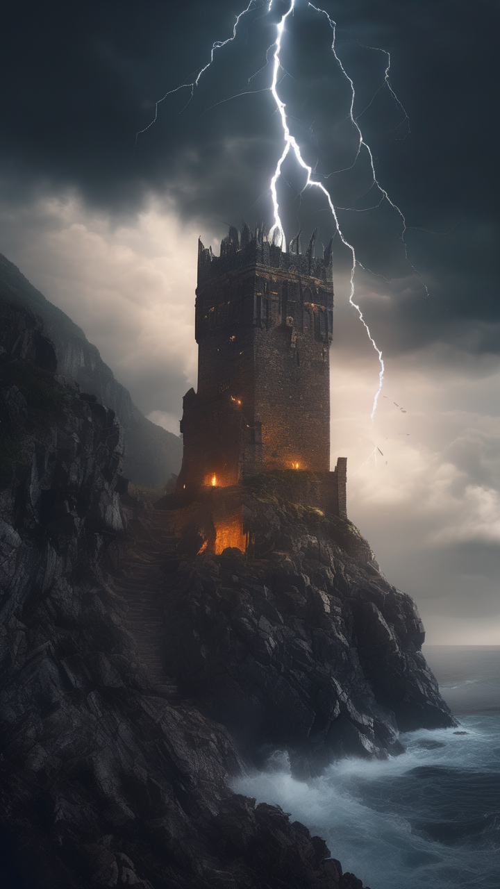 Dark sorcerer's tower on a stormy cliffside