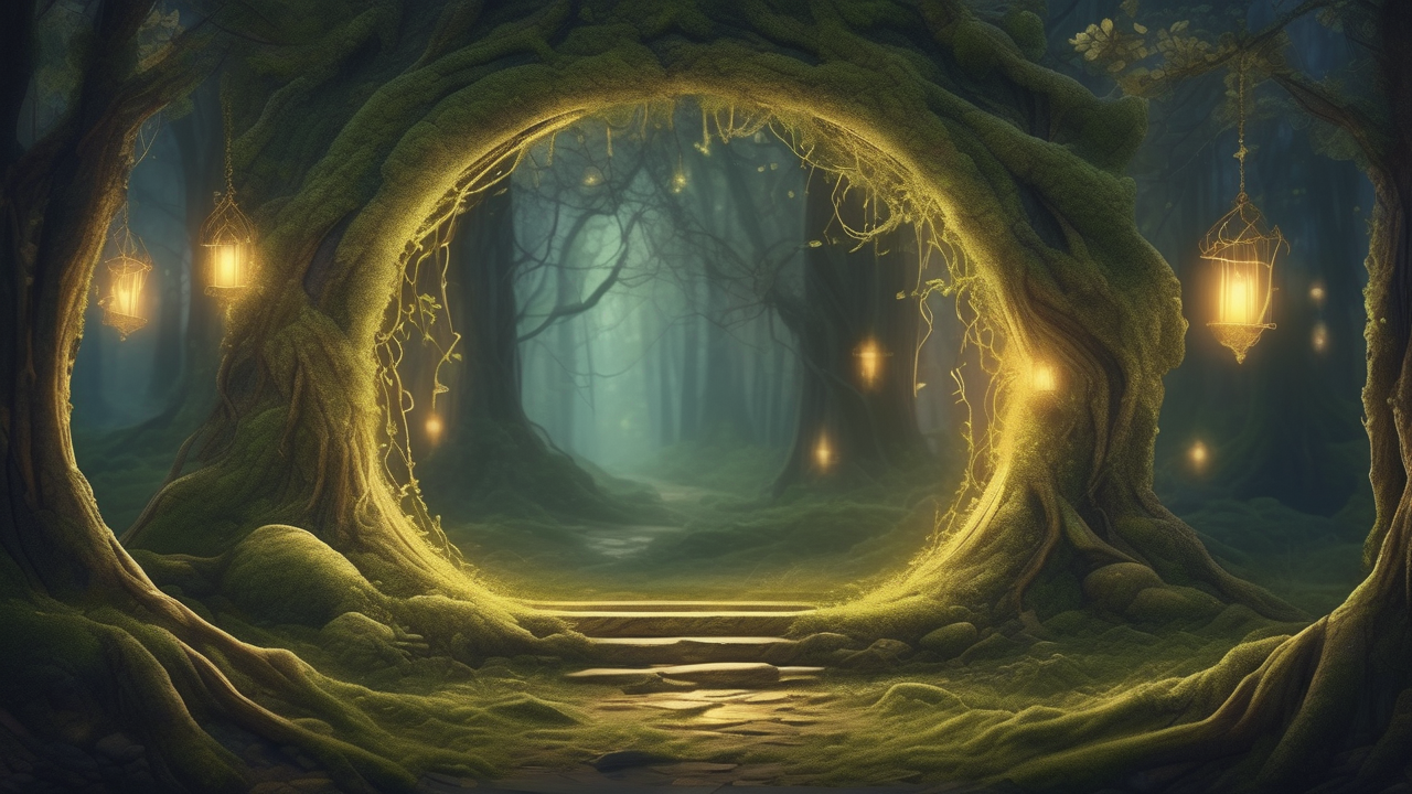 Mystical forest portal between ancient trees