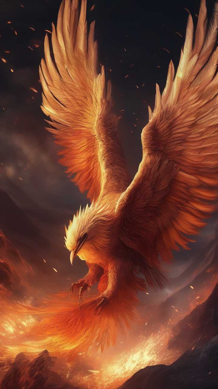 A phoenix rising from volcanic eruption