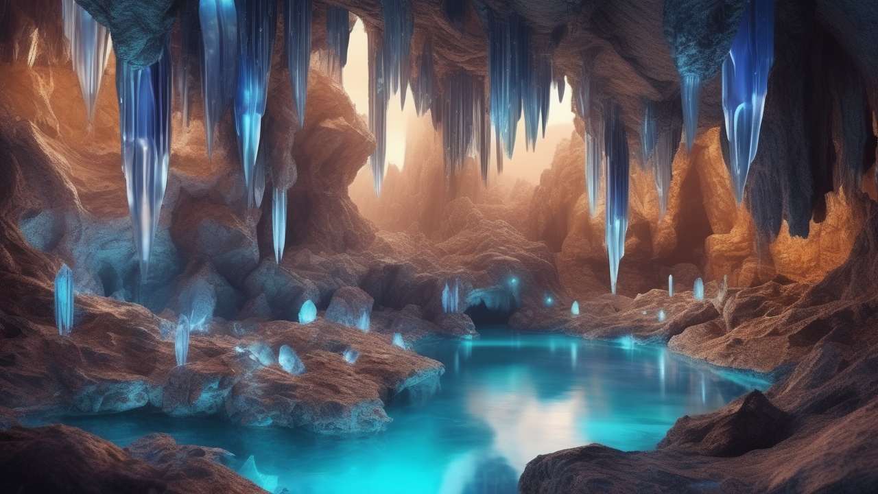 Underground crystal cavern with glowing blue stalactites