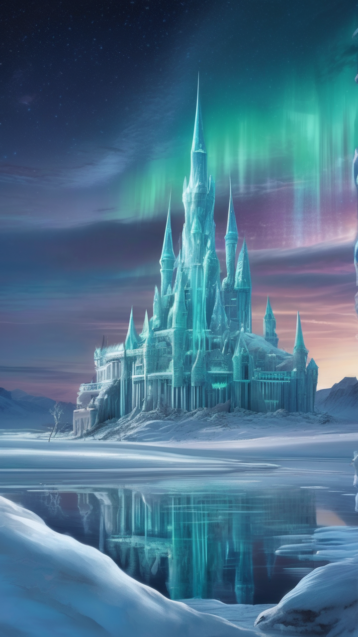 Frozen tundra palace made of ice and moonlight
