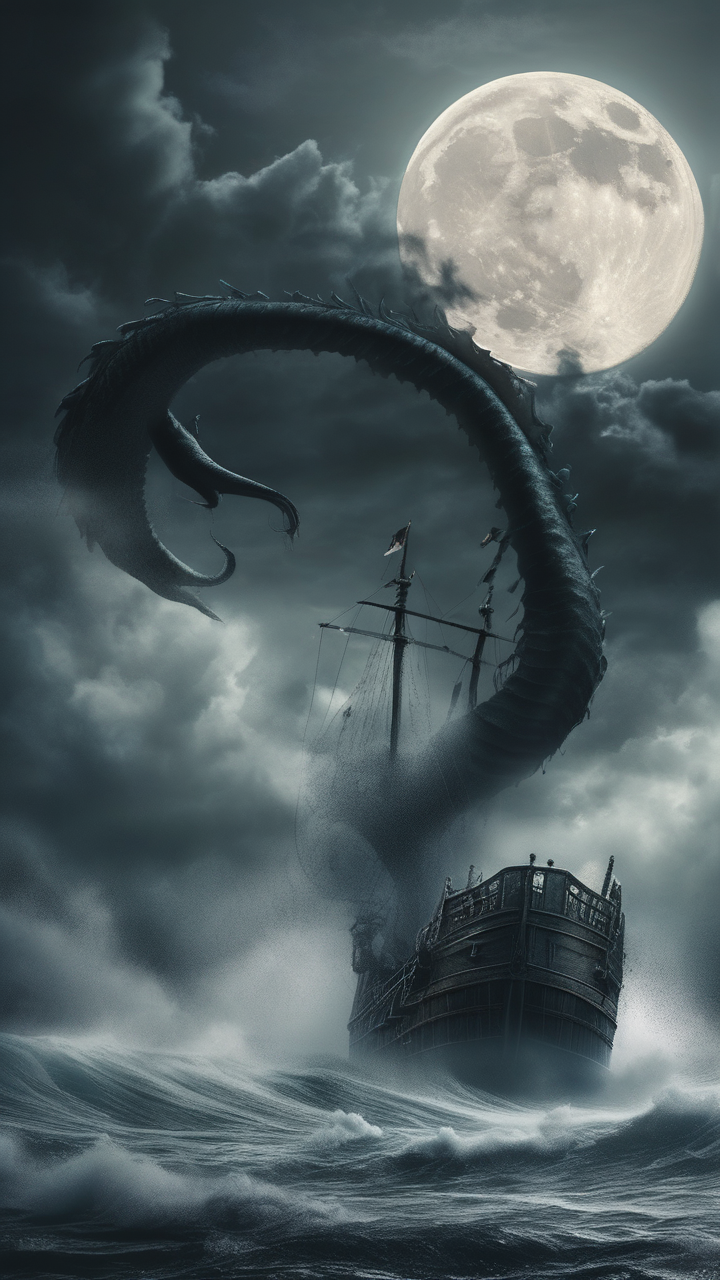 Giant sea serpent emerging from stormy ocean