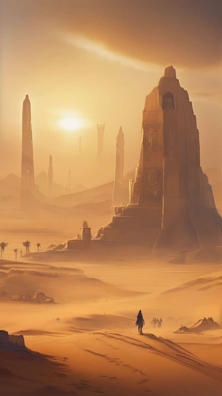 Desert ruins with sandstorm on horizon