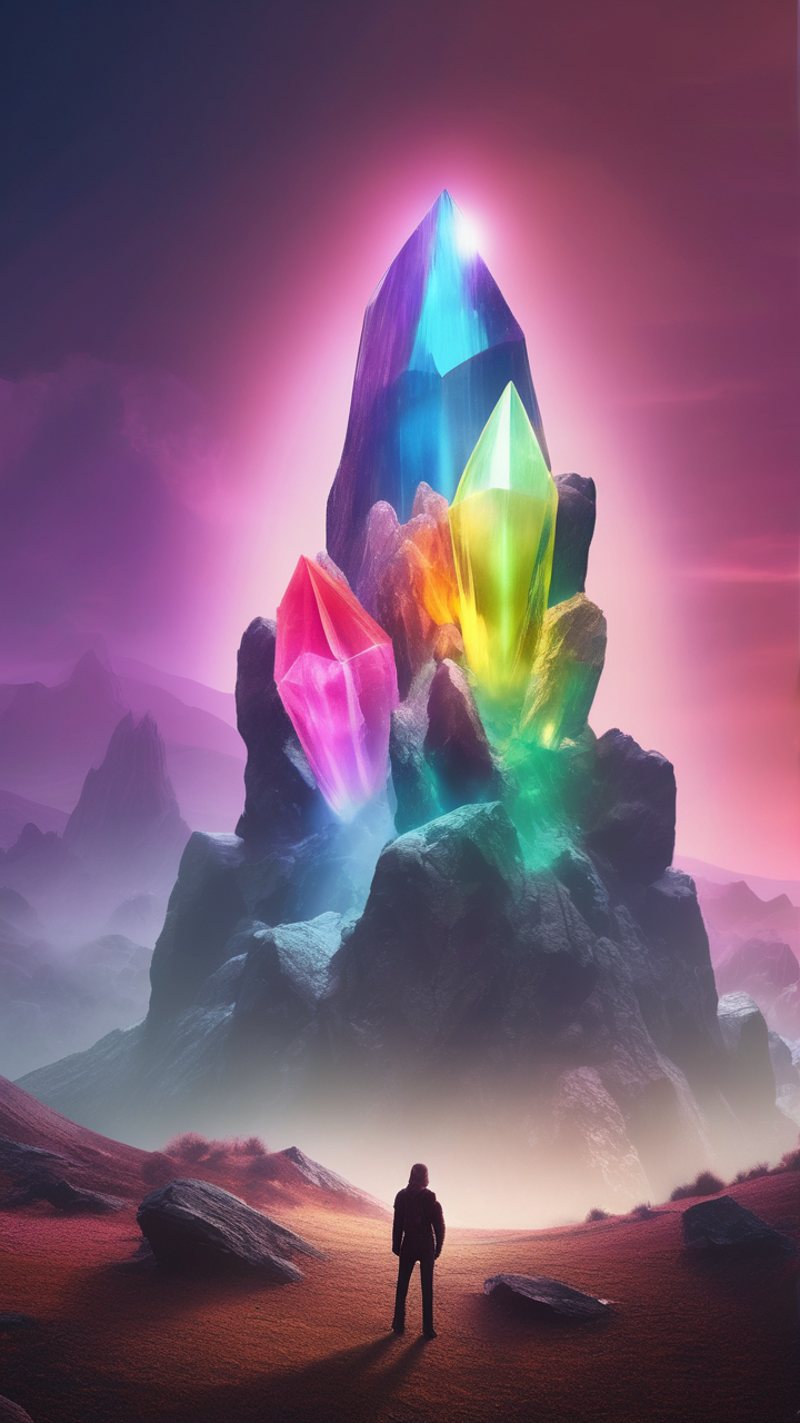 Valley of giant magical crystals emitting colored light beams