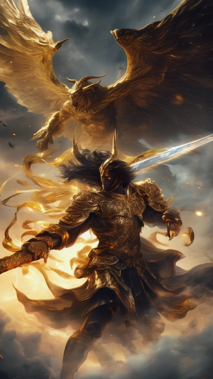 Celestial battle above clouds