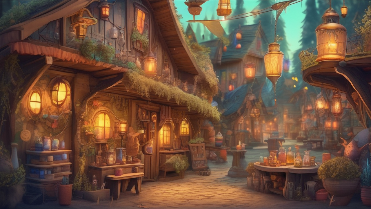 Magical marketplace in an enchanted forest town