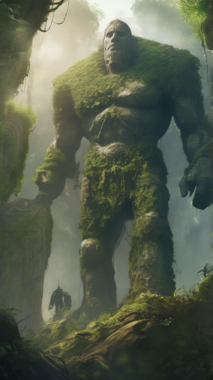 Titan stone colossus half-buried in jungle