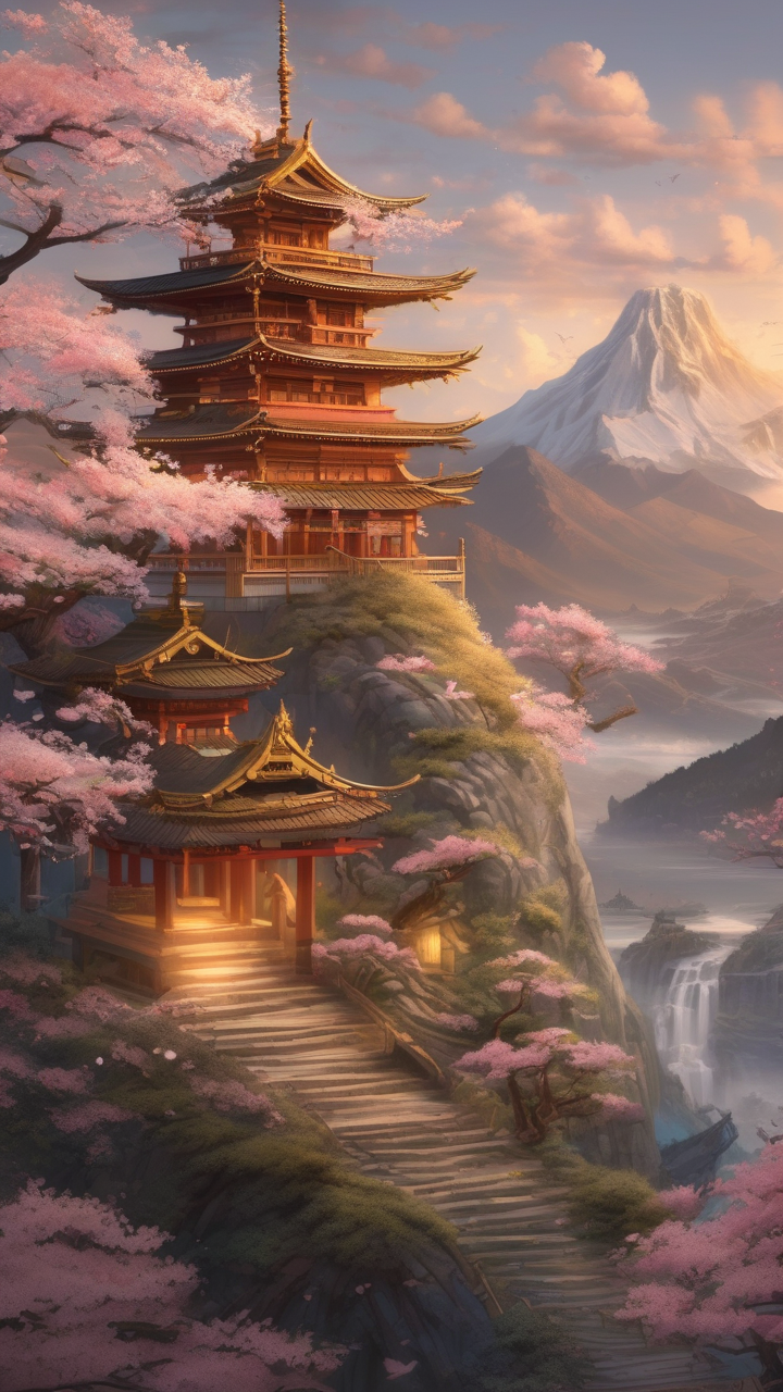 Sacred dragon shrine on mountain peak at dawn