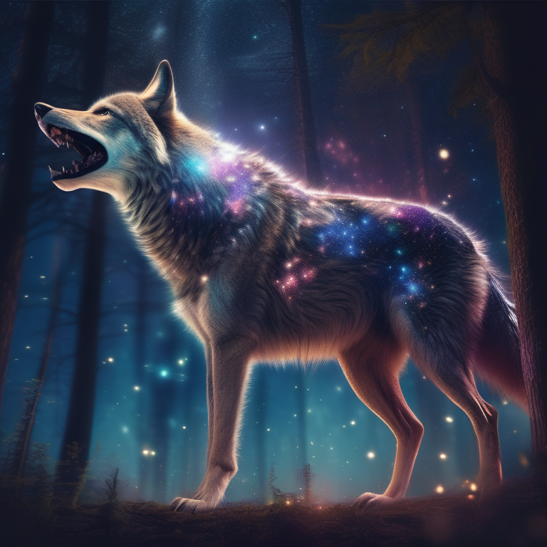 Giant mystical wolf made of stars and nebula running through a night forest