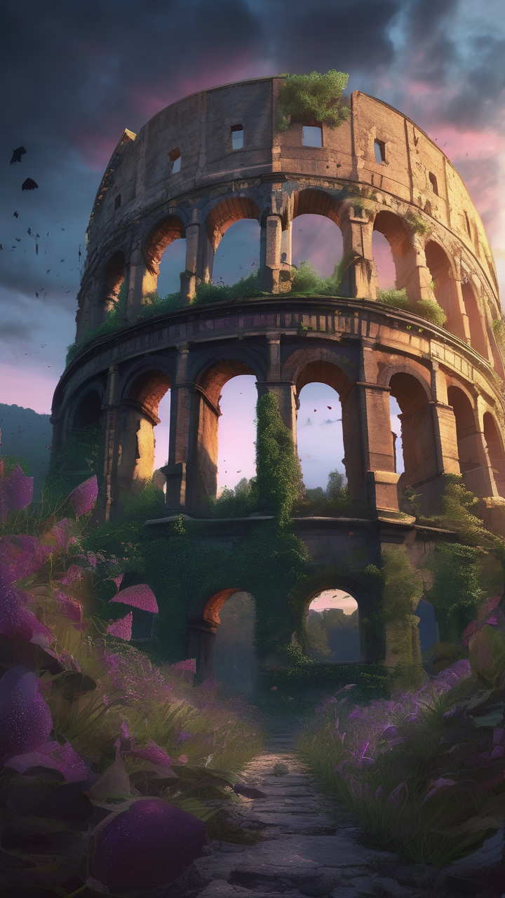 Ruins of a colosseum overrun by magic plants and glowing flora