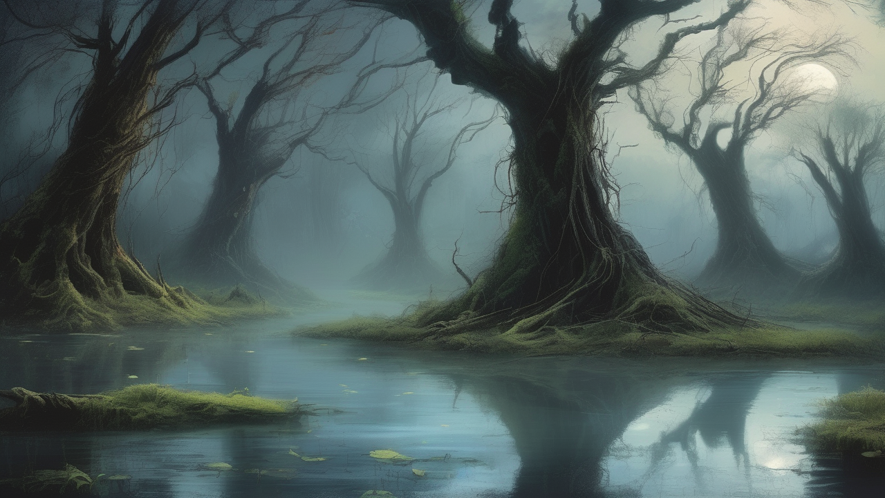 Moonlit swamp with glowing will-o-wisps