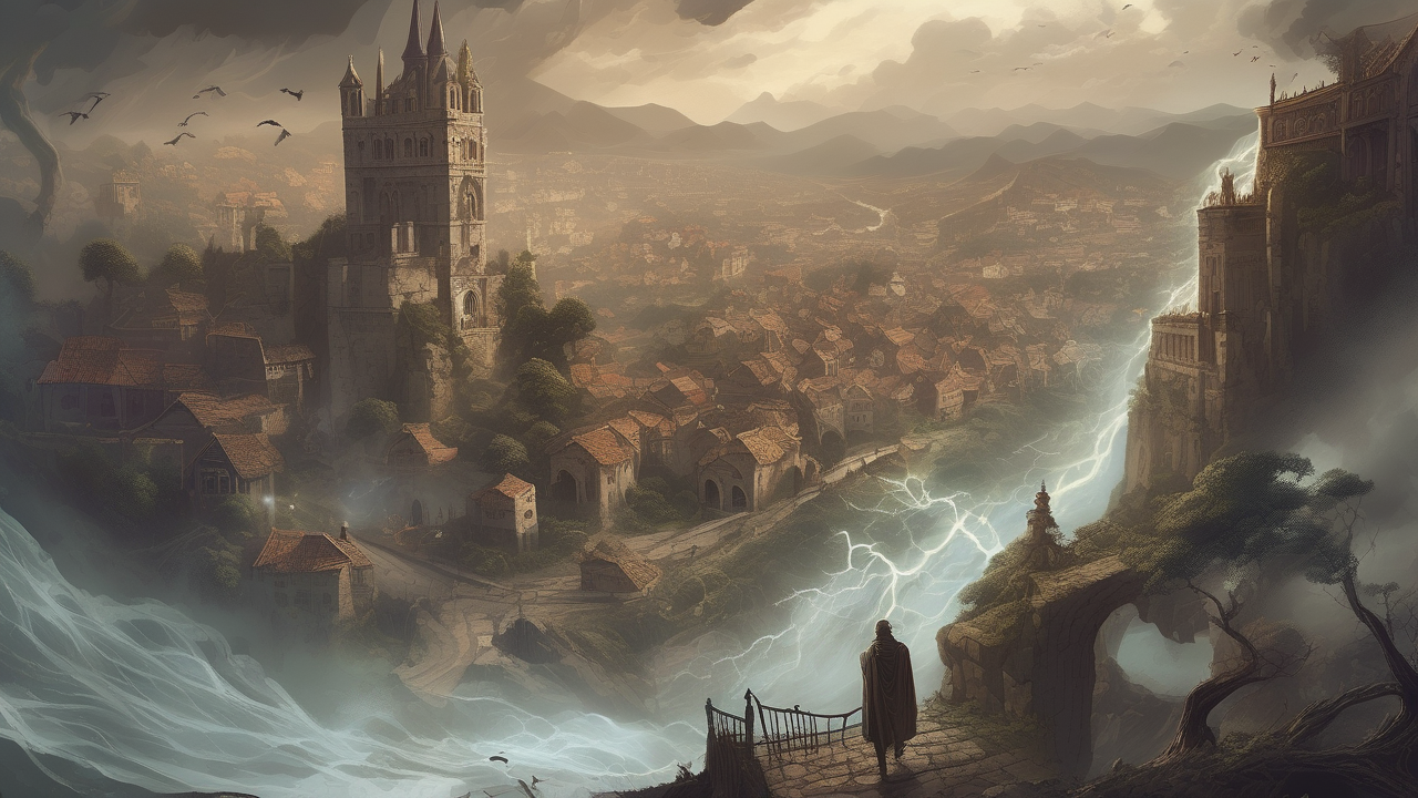 A living storm elemental towering over a medieval city