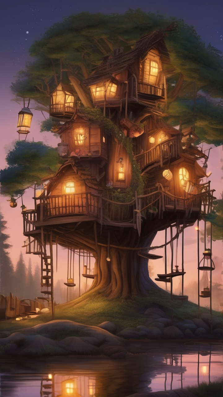 Magical treehouse village lit by lanterns at dusk