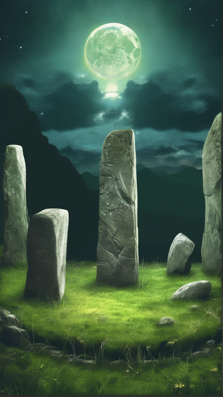 Ritual circle of ancient druids in a moonlit meadow