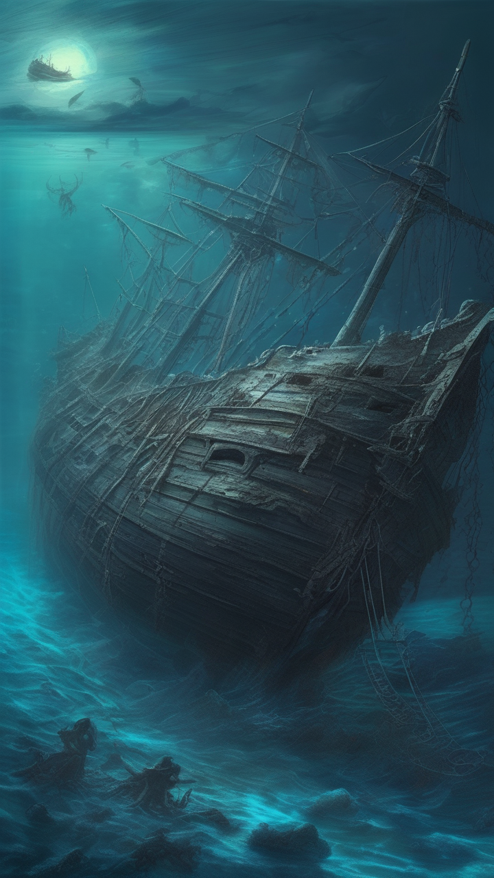 Cursed shipwreck at the bottom of the ocean