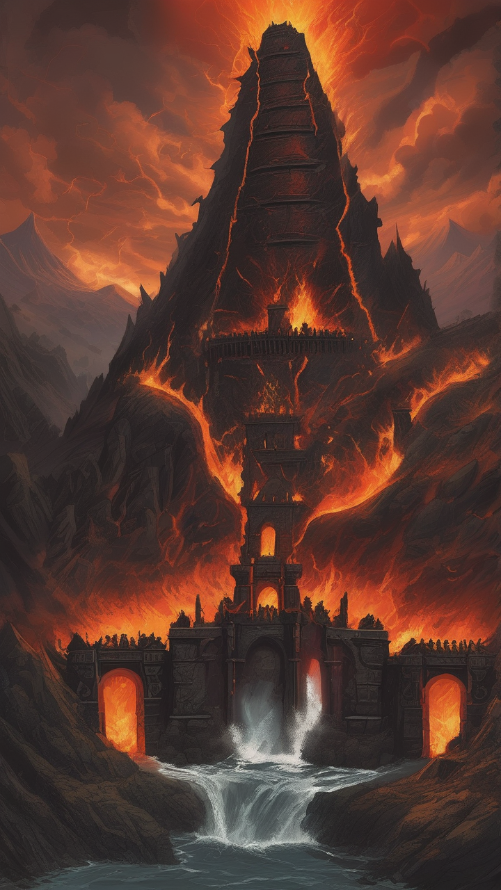 Volcano island fortress with lava moat