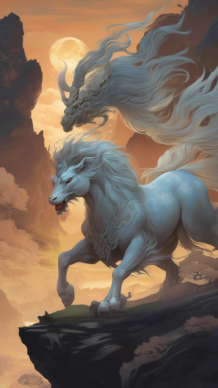 A kirin — a mythical Chinese chimera — running across a moonlit mountain valley