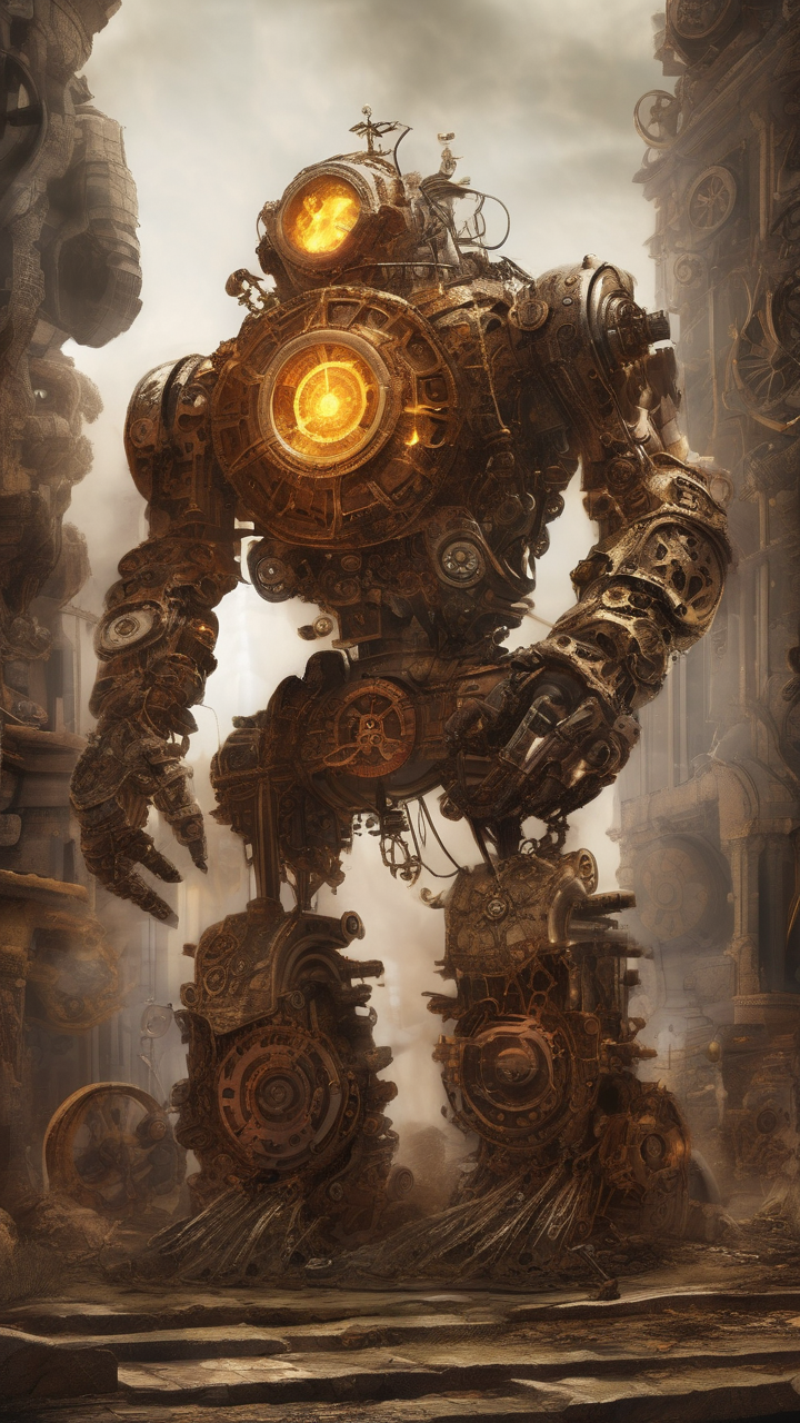 Ancient clockwork golem awakening in ruins