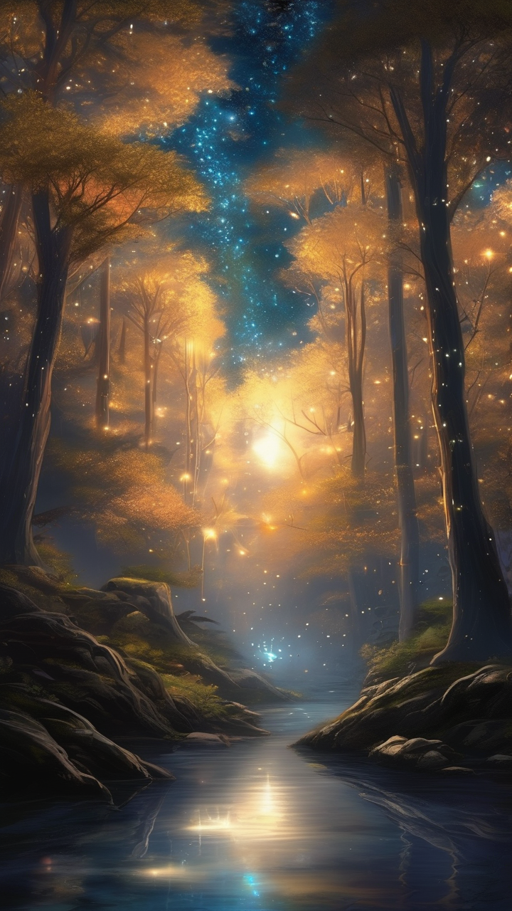 A river of liquid starlight flowing through a midnight forest