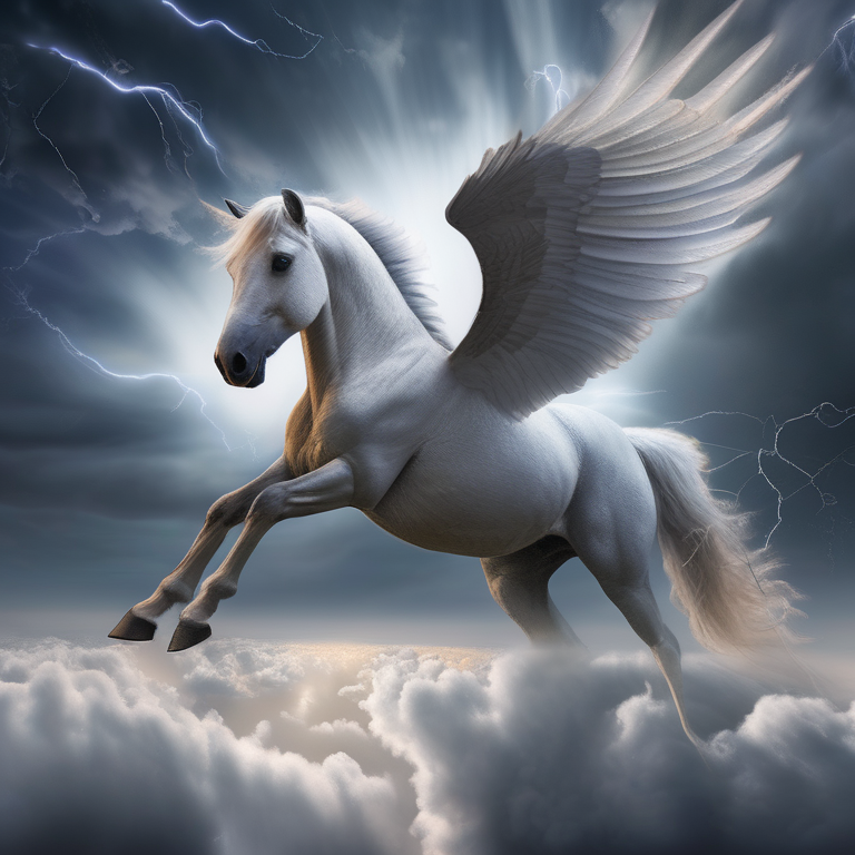 A pegasus flying above storm clouds