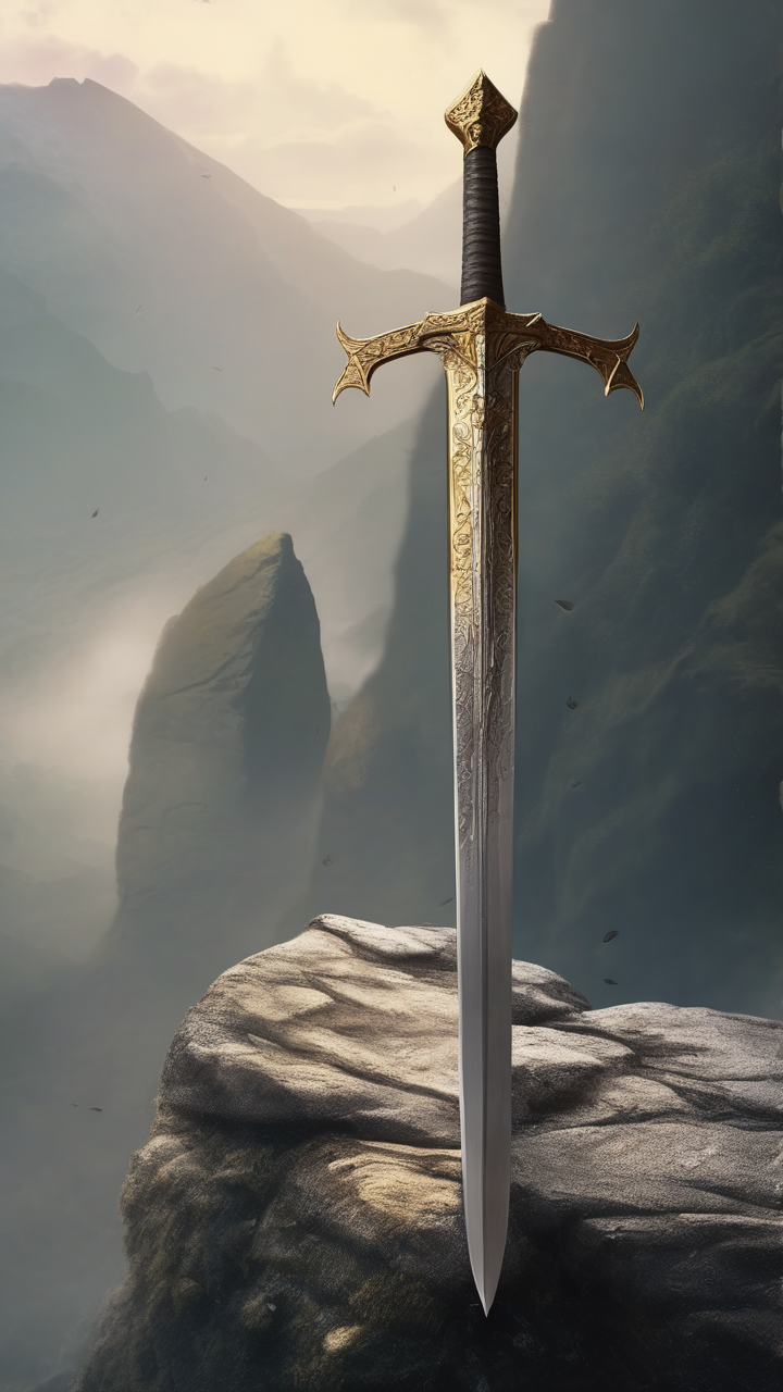 Legendary sword Excalibur embedded in a stone at the peak of a misty mountain