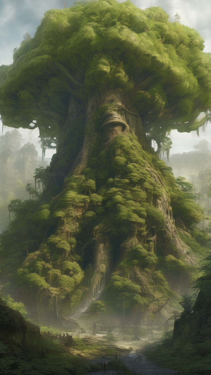 Primordial forest giant — a tree the size of a mountain with an entire civilization on its bark