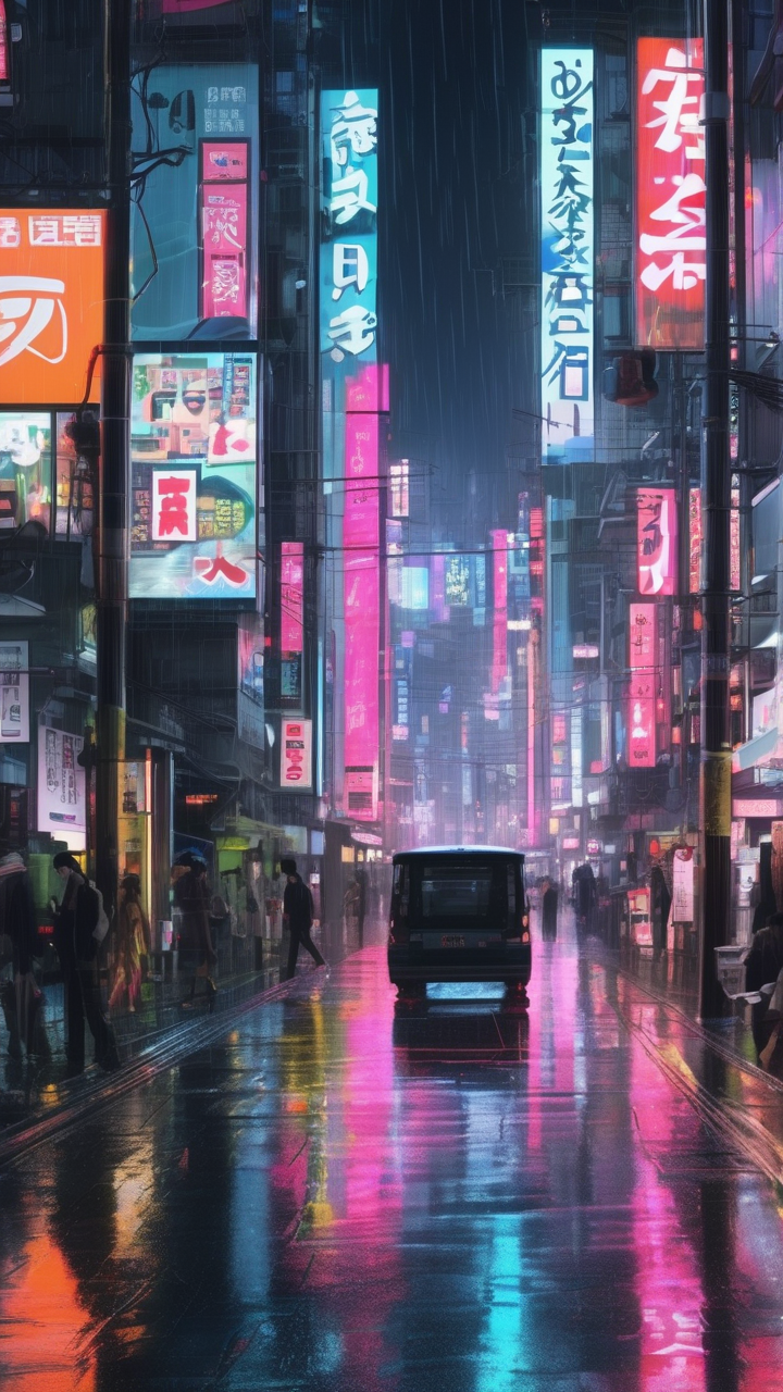 Rain-soaked Tokyo cyberpunk street at night