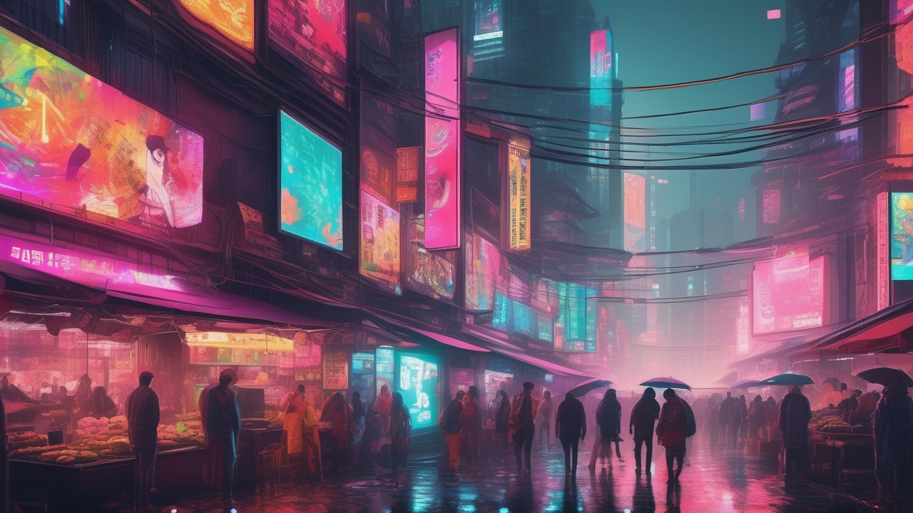 Neon-lit cyberpunk market