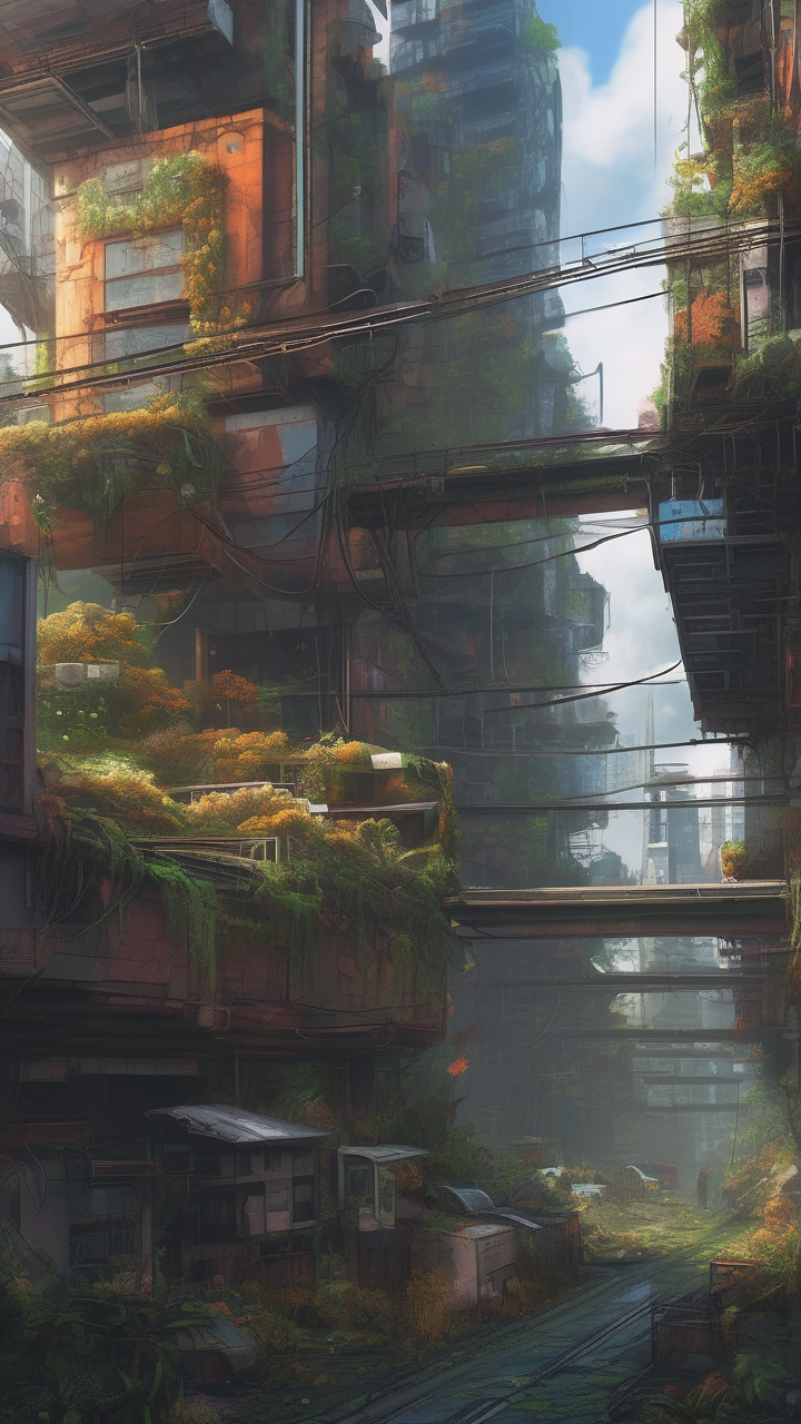 Dystopian city covered in vines and rust