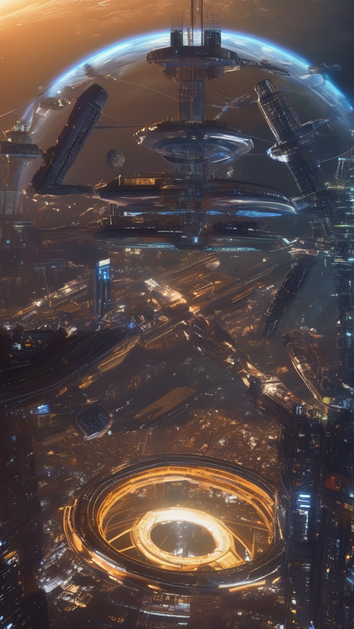 Orbital space station above a glowing cyberpunk Earth at night