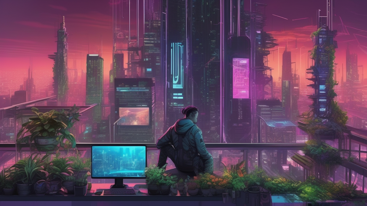 Cyberpunk rooftop garden