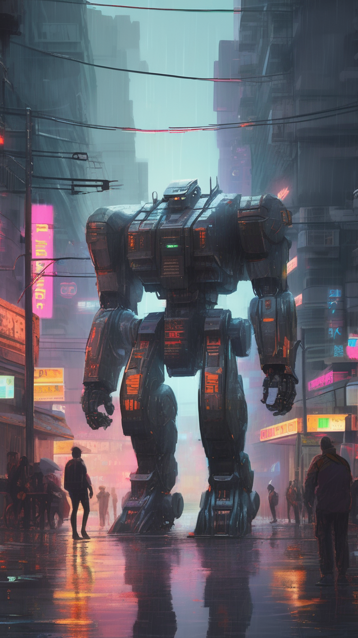 Giant mecha robot walking through a neon city street