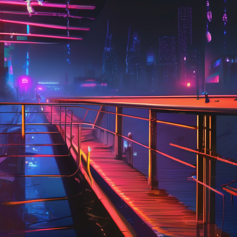 Neon-soaked bridge over a cyberpunk river