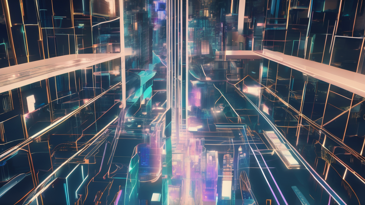 An AI singularity event visualization — a city where all screens show the same consciousness waking up