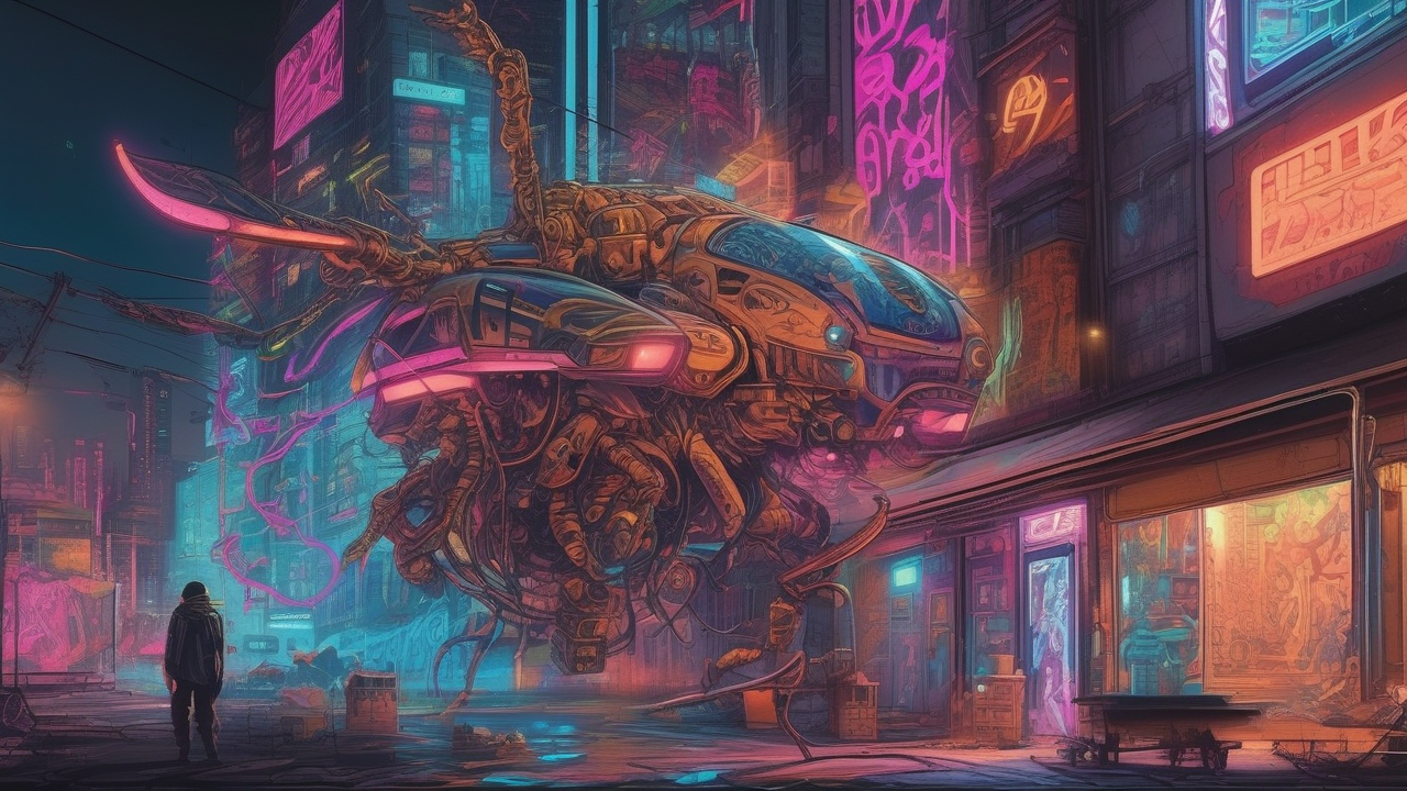 Cyberpunk street artist spray-painting a glowing mural while a drone hovers overhead