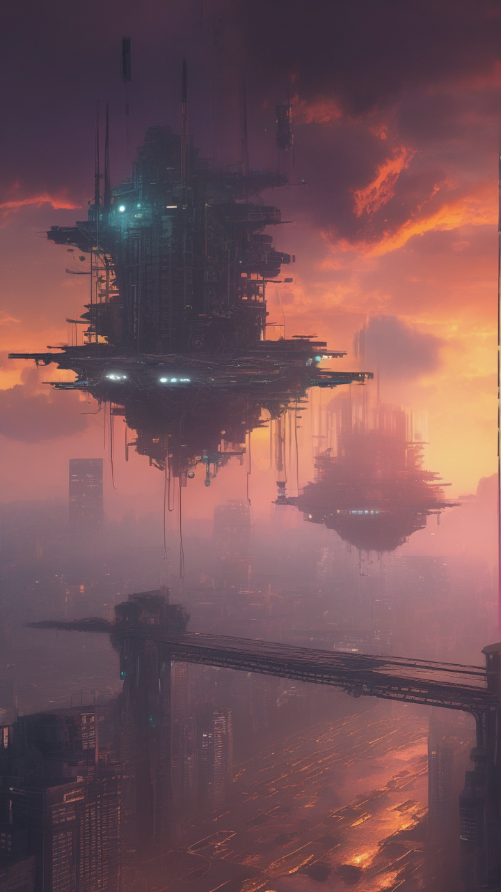 Floating cyberpunk platforms above a toxic cloud layer