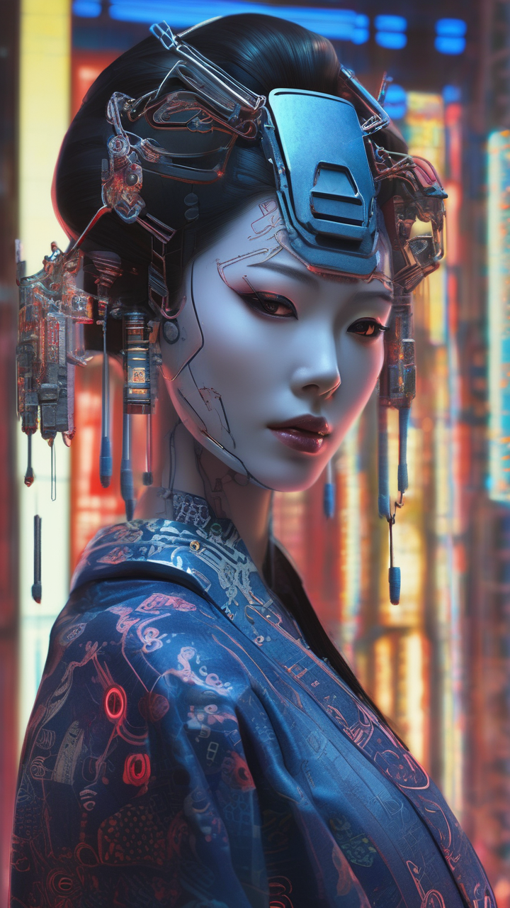 Cyberpunk geisha android with glowing blue circuitry under porcelain skin