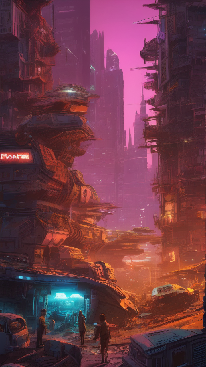 A neon-lit junkyard city built from crashed starships